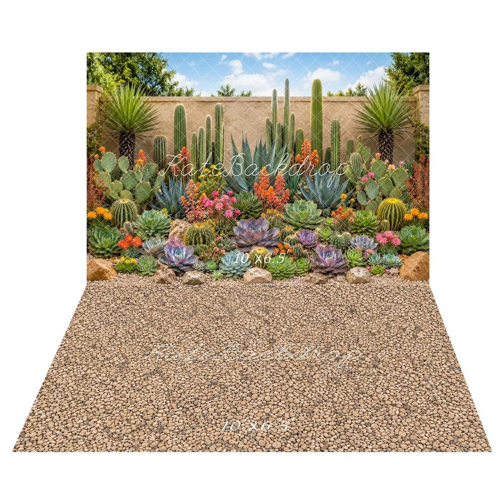Kate Outdoor Cactus Succulent Garden Stone Printed Backdrop+Brown Pebble Floor Printed Backdrop