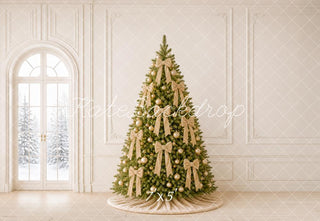 Kate Christmas Gold Bow Tree Elegant White Wall Printed Backdrop Designed by Emetselch