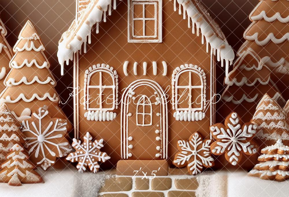 Kate Christmas Gingerbread House Snowy Trees Backdrop Designed by Mandy Ringe Photography