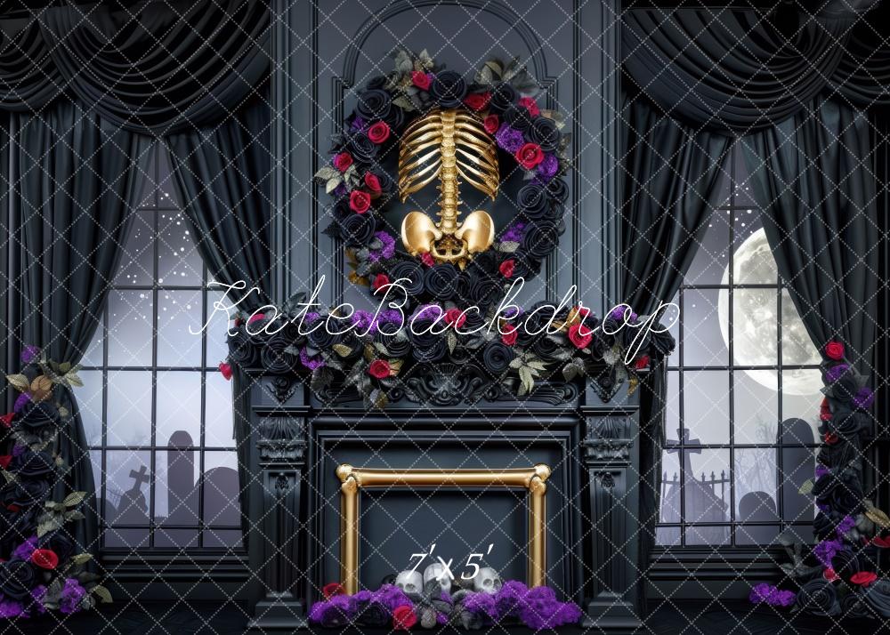 Kate Halloween Skeleton Room Black Curtains Fireplace Backdrop Designe