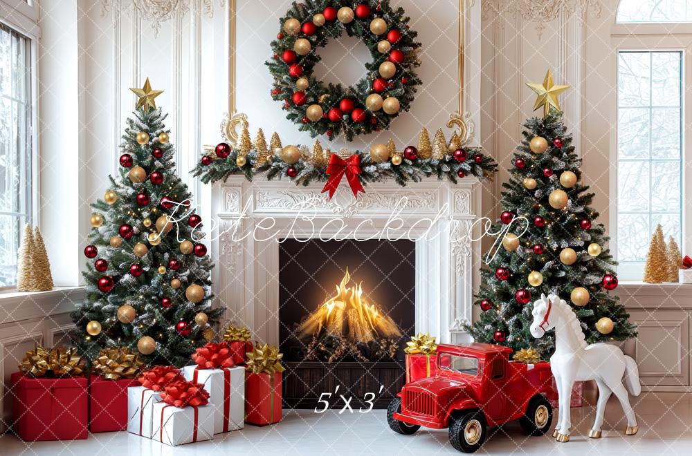 Kate Christmas Trees Fireplace Wreath Red Truck Gifts Backdrop Designed by Mini MakeBelieve