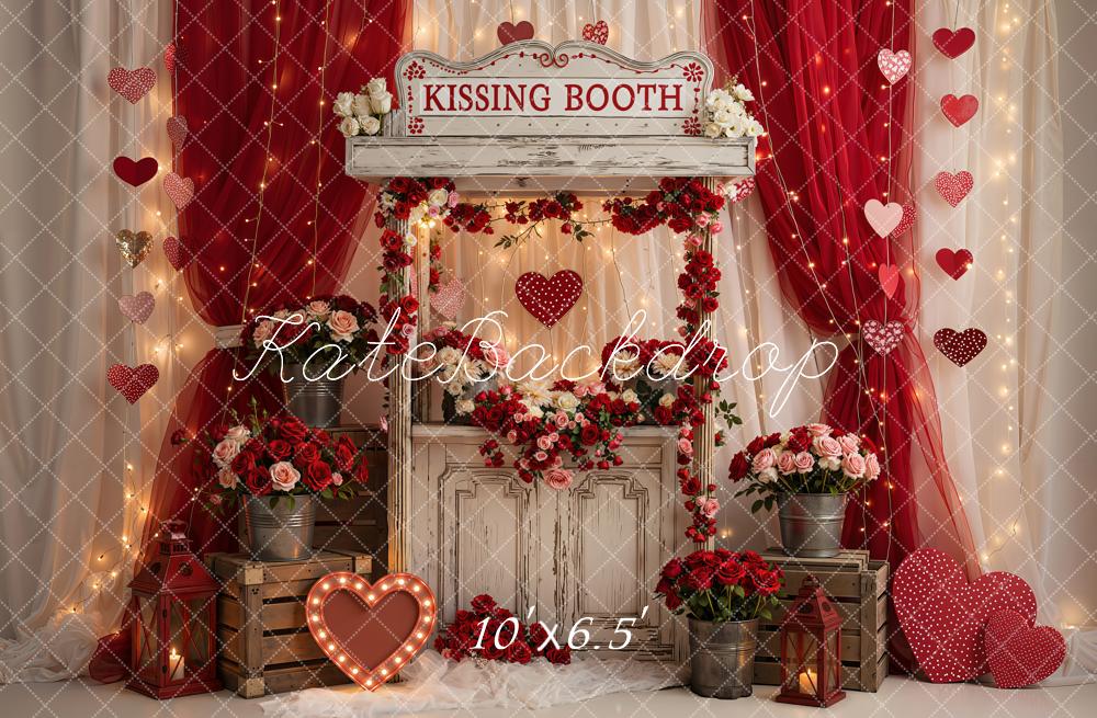 Kate Valentine's Day Red Kissing Booth Curtains Hearts Roses Printed Backdrop Designed by Emetselch
