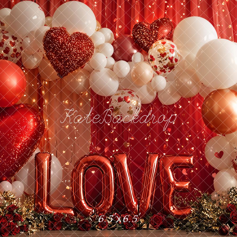 Kate Valentines Red Heart Balloons LOVE Lights Roses Backdrop Designed by Emetselch