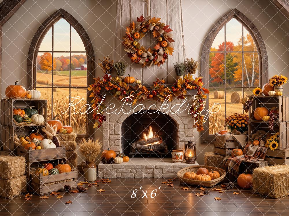 Kate Fall Stone Fireplace Pumpkins Wreath Harvest Field Window Printed Backdrop Designed by Emetselch