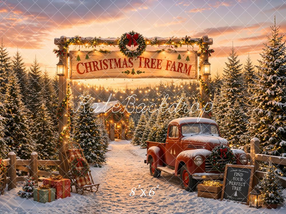 TEST Kate Christmas Tree Farm Red Truck Snowy Pine Trees Printed Backdrop Designed by Emetselch