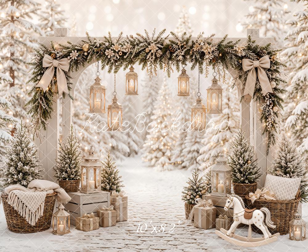 Kate Christmas Garland Arch Lanterns Snowy Forest Rocking Horse Printed Backdrop Designed by Emetselch