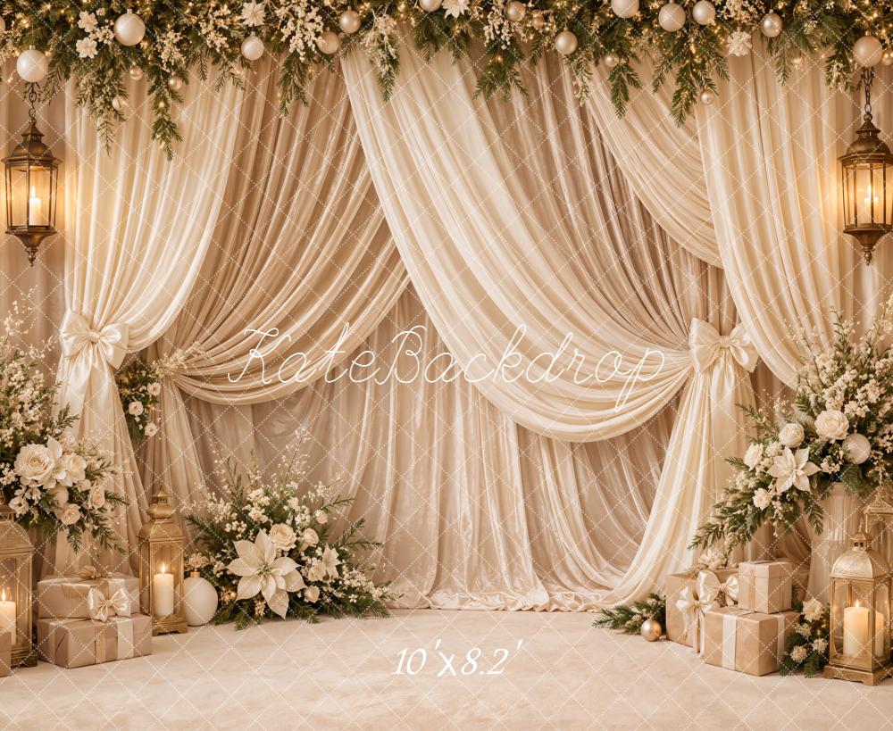 Kate Christmas Cream Drapes Garland Lanterns Presents Flowers Printed Backdrop Designed by Emetselch