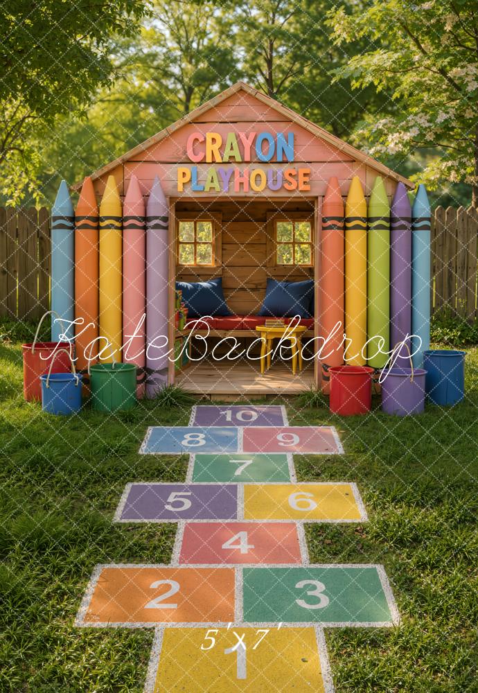 Kate School Kids Colorful Crayon Playhouse Hopscotch Printed Backdrop Designed by Emetselch