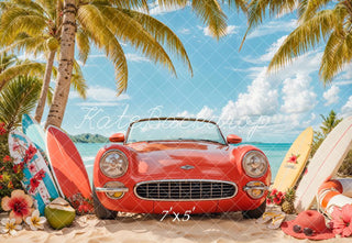 Kate Summer Beach Red Car Surf Printed Backdrop Designed by Emetselch