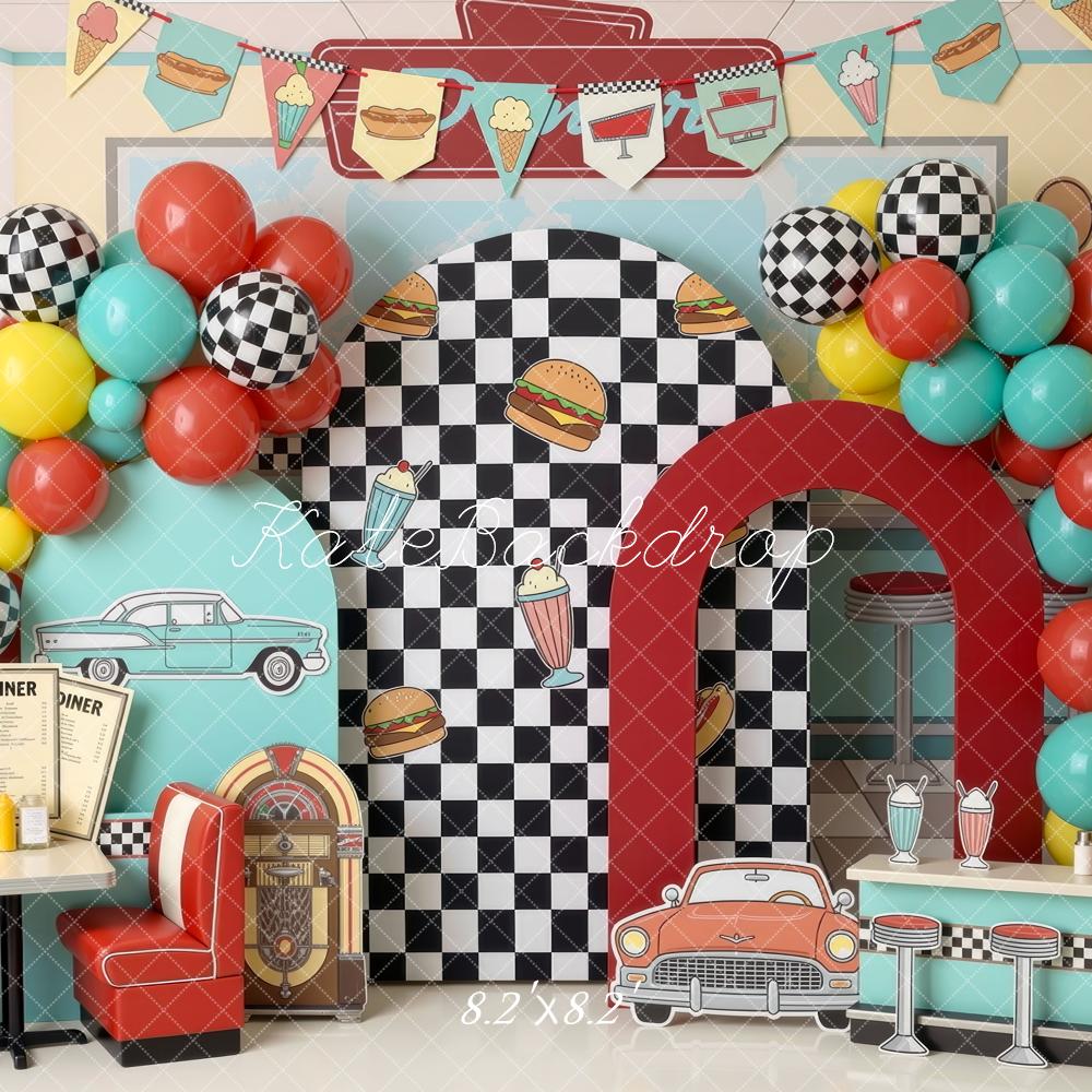 Kate Cake Smash Retro Diner Checkered Wall Balloons Booth Bar Counter Printed Backdrop Designed by Mini MakeBelieve