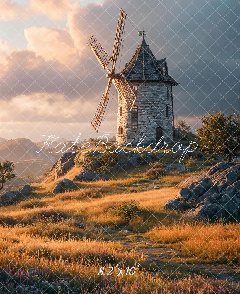 Kate Windmill Stone Sunrise Meadow Printed Backdrop Designed by Chain Photography