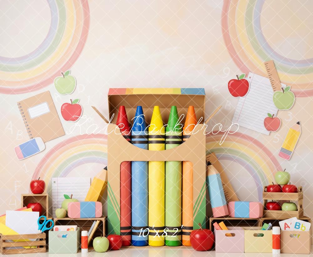 Kate Back To School Crayons Rainbow Apples Printed Backdrop Designed by Patty Roberts