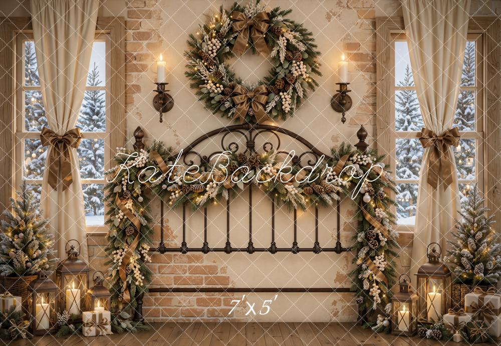 Kate Christmas Wrought Iron Headboard Wreath Garland Window Printed Backdrop Designed by Emetselch