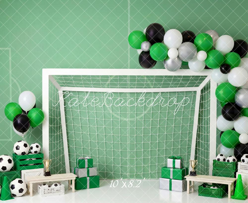 Kate Cake Smash Soccer Goal Green Black White Balloons Printed Backdrop Designed by Patty Roberts