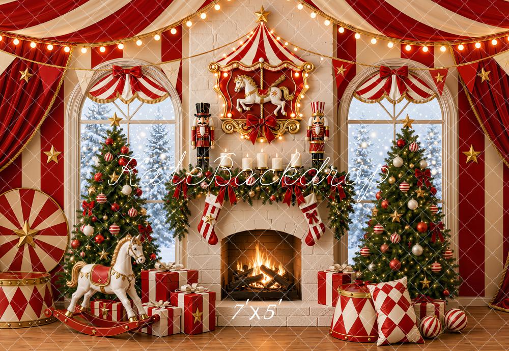 Kate Christmas Trees Circus Fireplace Window Rocking Horse Printed Backdrop Designed by Emetselch