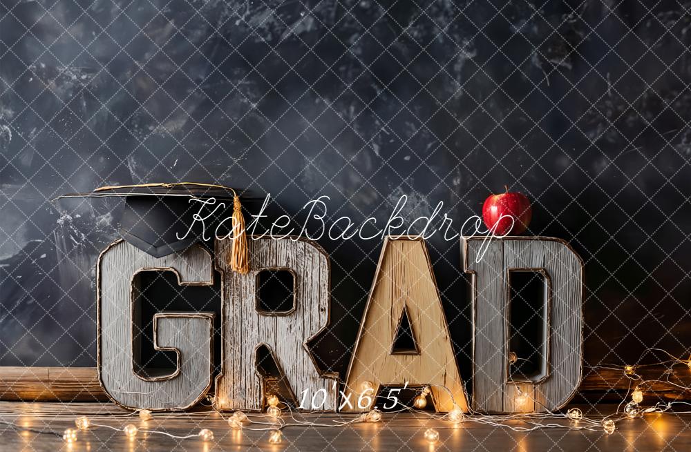 Kate Graduation GRAD Letters Chalkboard Apple String Lights Printed Backdrop Designed by Emetselch