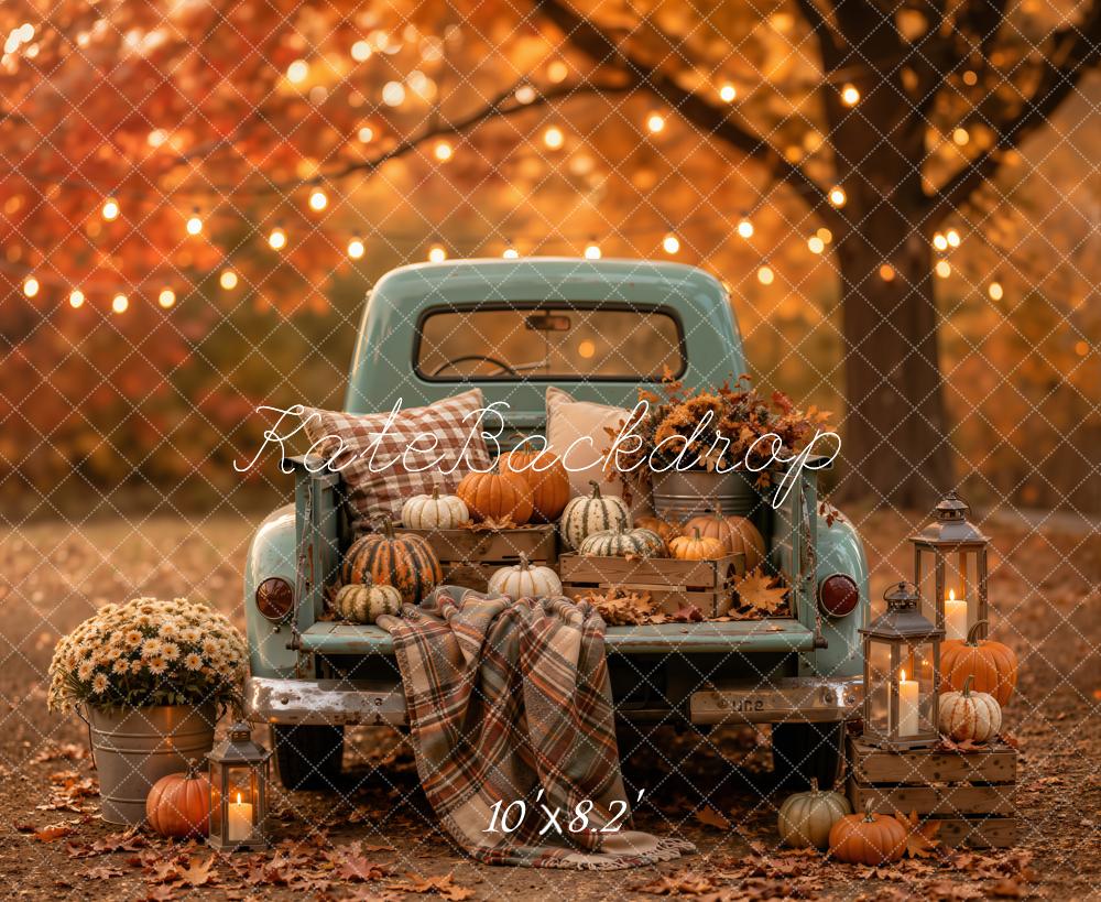 Kate Fall Vintage Truck Plaid Blanket Pumpkins Lanterns Forest  Printed Backdrop Designed by Emetselch