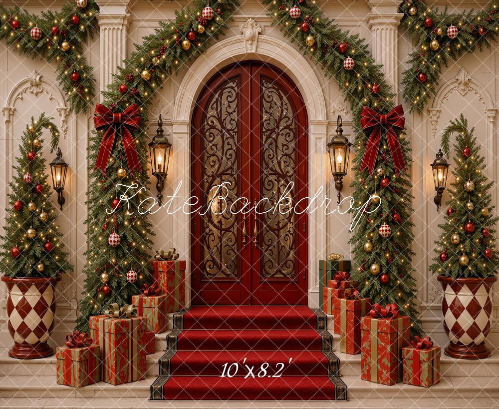 Kate Christmas Mansion Door Entryway Garland Trees Gifts Printed Backdrop Designed by Shutter Swan Studios