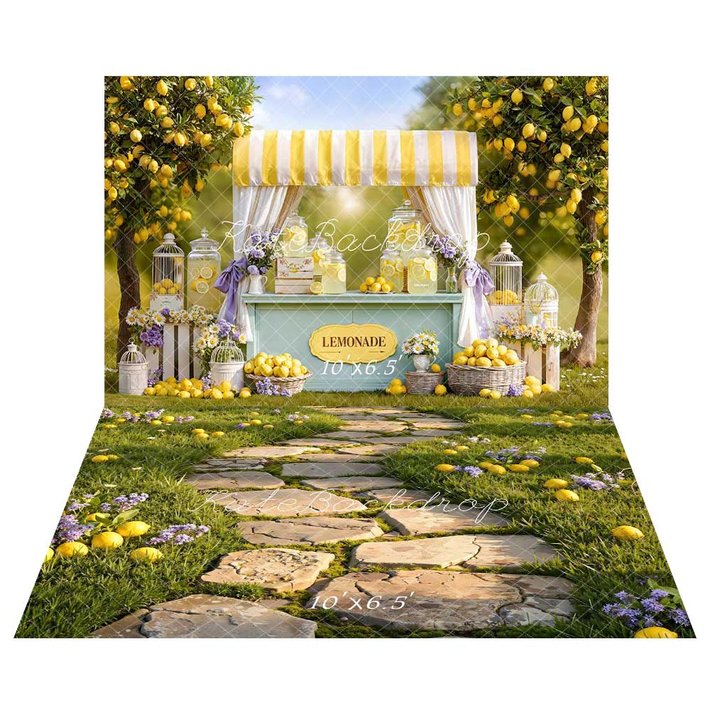Kate Summer Lemonade Stand Lemon Trees Yellow Flowers Backdrop+Stone Pathway Lemons Green Grass Purple Flowers Backdrop
