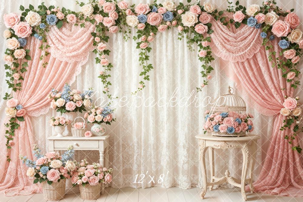 Kate Mother's Day Flower Arch Pink Roses Birdcage Lace Curtains Backdrop Designed by Emetselch