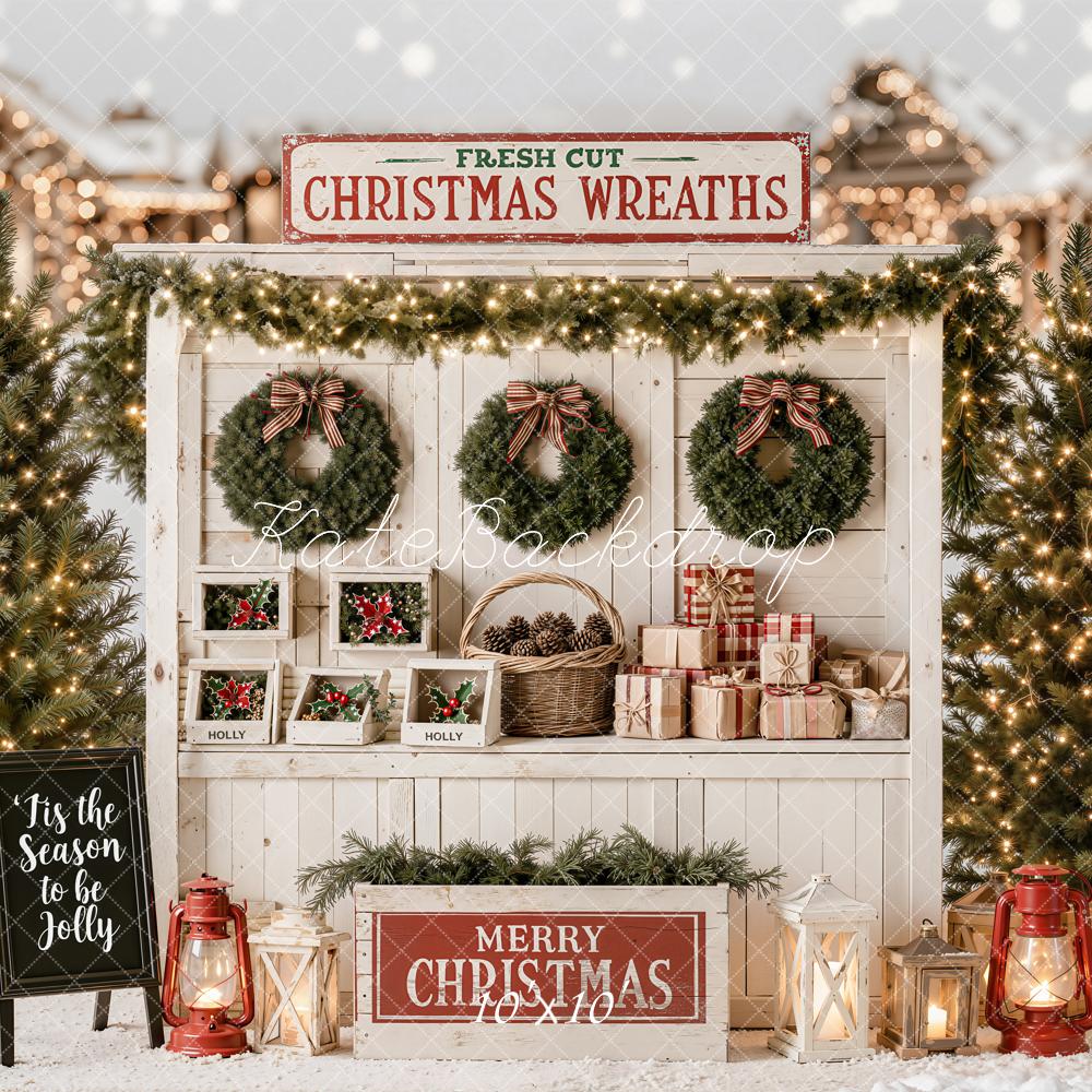 Kate Christmas Wreath Stand Evergreen Trees Gift Boxes Snow Printed Backdrop Designed by Emetselch