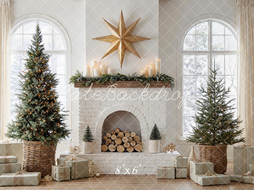 Kate Christmas Rustic White Brick Fireplace Trees Presents Window Printed Backdrop Designed by Emetselch