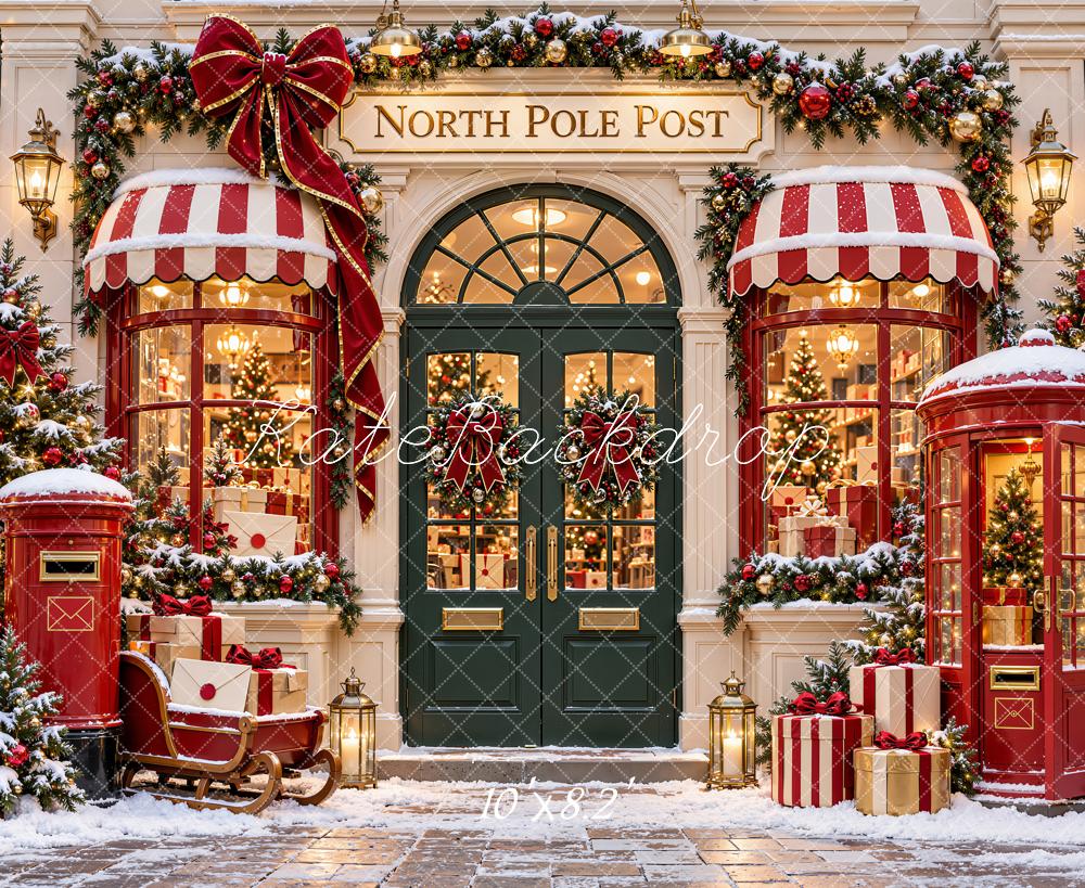 Kate Christmas North Pole Post Office Storefront Red Green Snow Printed Backdrop Designed by Emetselch