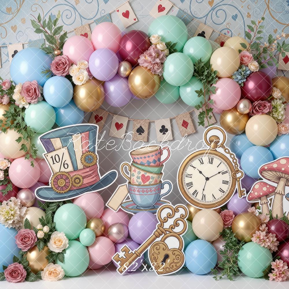 Kate Cake Smash Fantasy Wonderland Tea Party Balloons Flowers Playing Cards Printed Backdrop Designed by Mini MakeBelieve