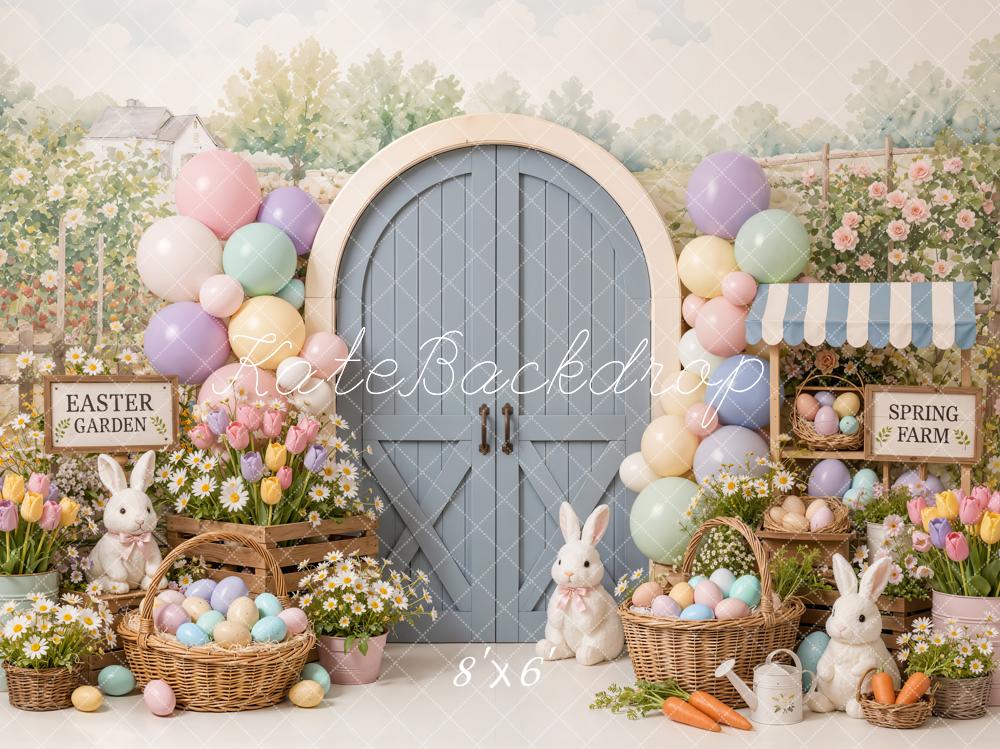 Kate Easter Cake Smash Balloons Bunny Garden Barn Door Printed Backdrop Designed by Emetselch