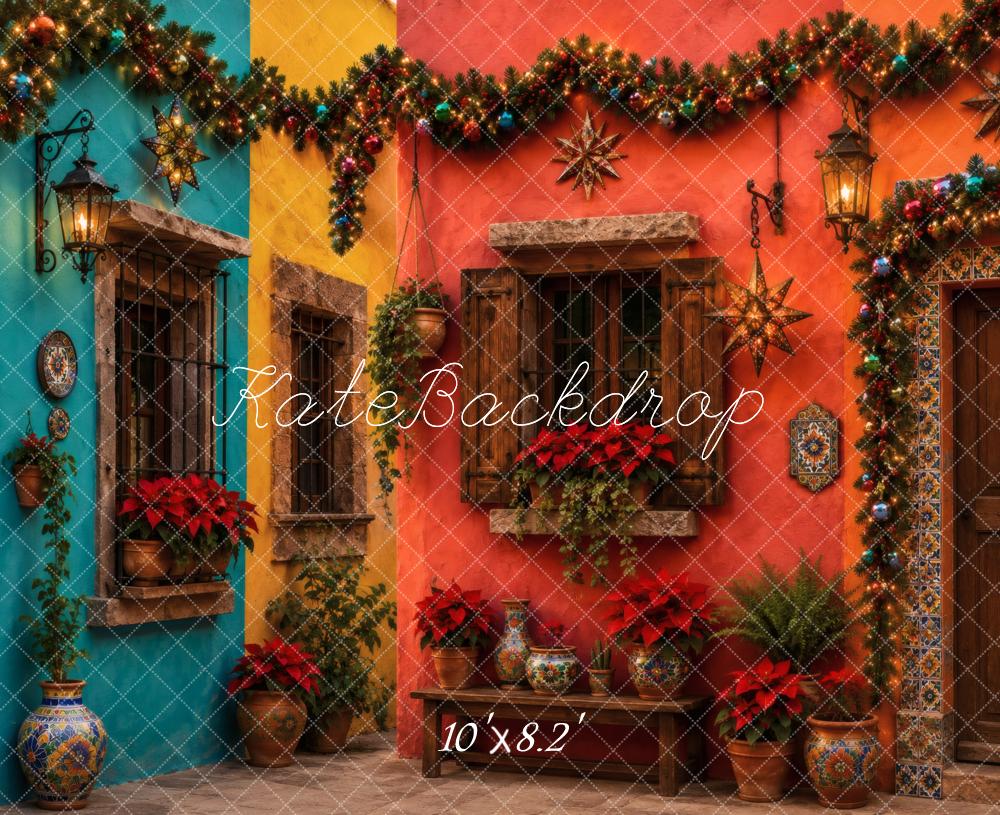 Kate Mexican Christmas Courtyard Poinsettias Windows Garland Poinsettias Printed Backdrop Designed by Vertigo Productions