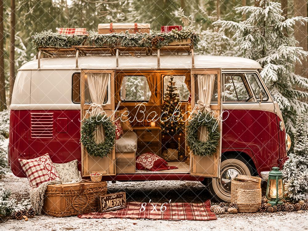 Kate Christmas Red Vintage Van Forest Snow Backdrop Designed by Emetselch