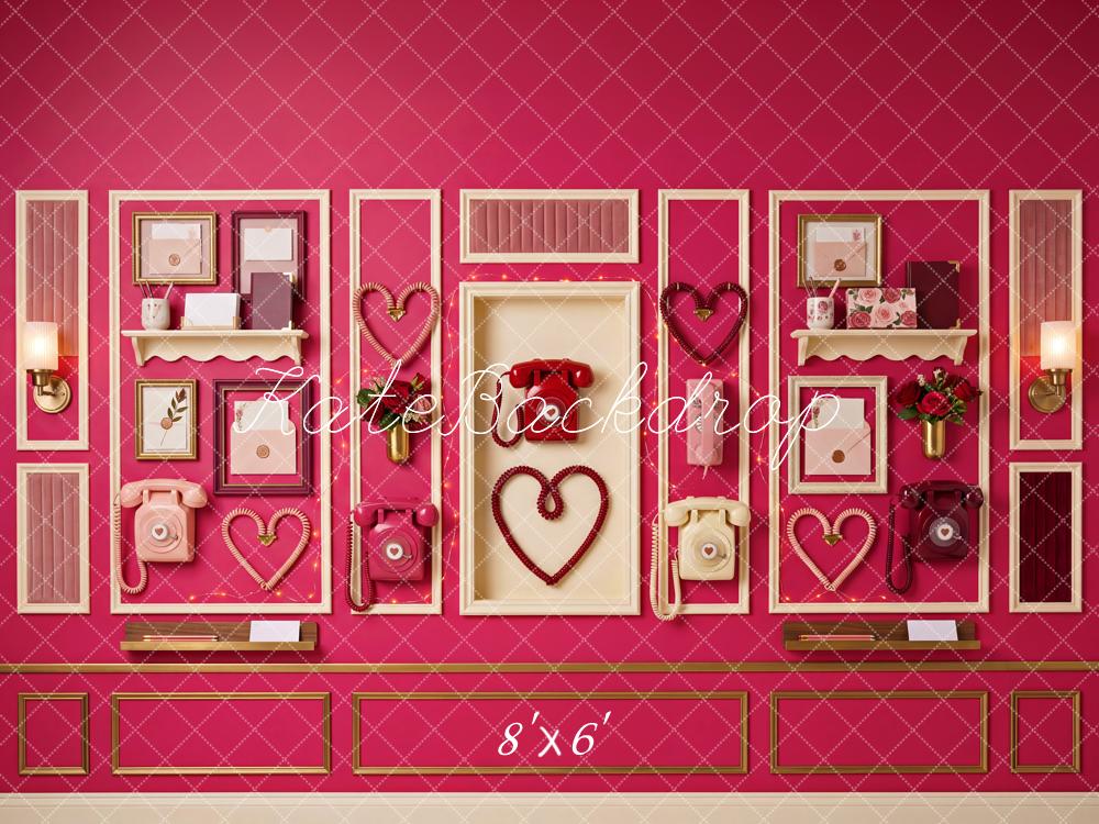 Kate Valentine's Day Pink Vintage Telephone Hearts Wall Printed Backdrop Designed by Patty Roberts