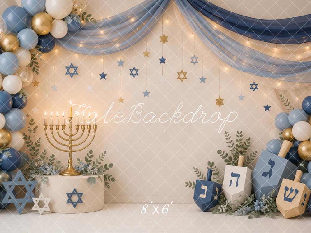 Kate Hanukkah Menorah Dreidel Star of David Balloons Drapes Printed Backdrop Designed by Ashley Ward