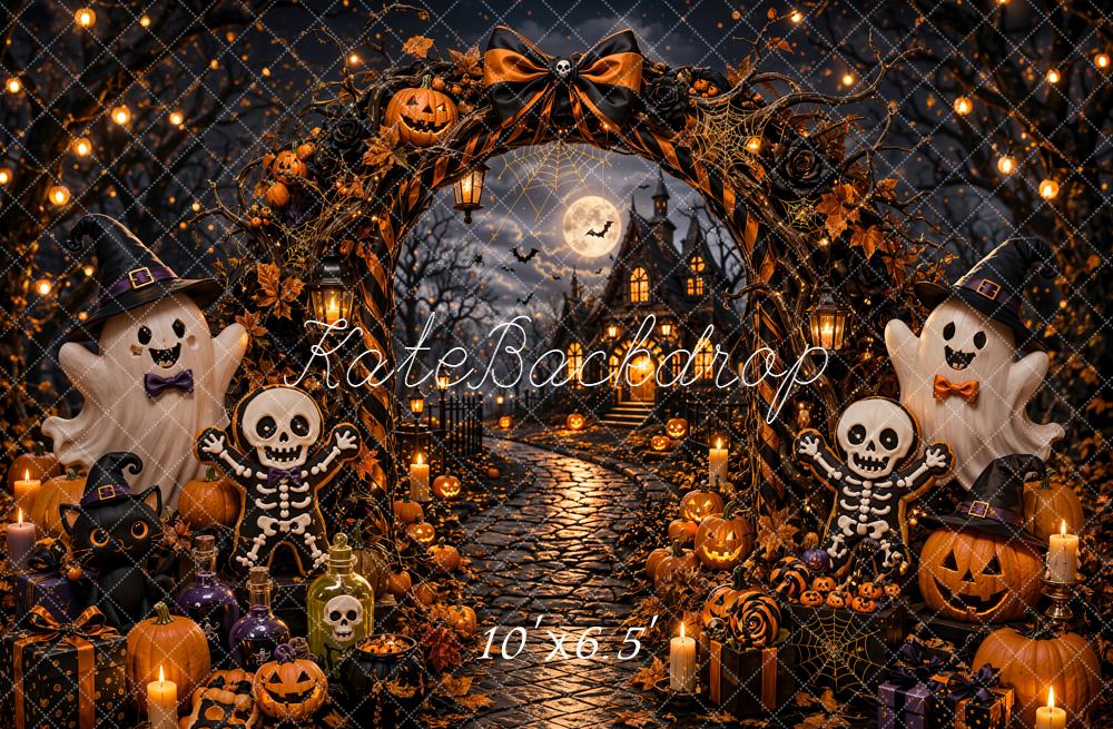 Kate Halloween Trick Or Treat Pumpkin Ghost Arch Skeleton Haunted House Printed Backdrop Designed by Emetselch