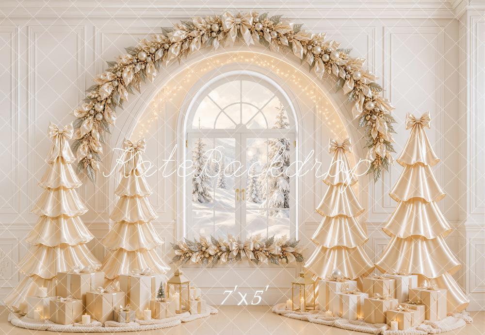 Kate Christmas Gold Satin Trees Garland Window Gifts Printed Backdrop Designed by Emetselch