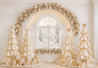 Kate Christmas Gold Satin Trees Garland Window Gifts Printed Backdrop Designed by Emetselch