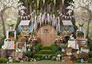 Kate Easter Bunny Treehouse Carrots Eggs Garden Printed Backdrop Designed by Mini MakeBelieve