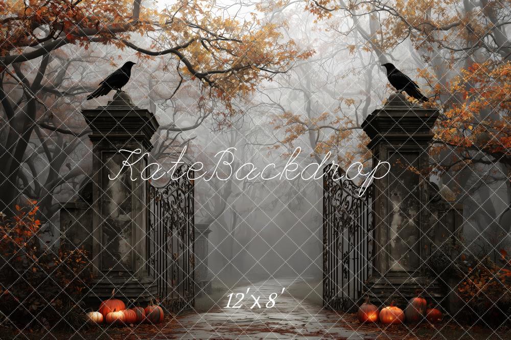 Kate Halloween Fall Iron Gate Pumpkins Misty Forest Backdrop Designed by Patty Roberts