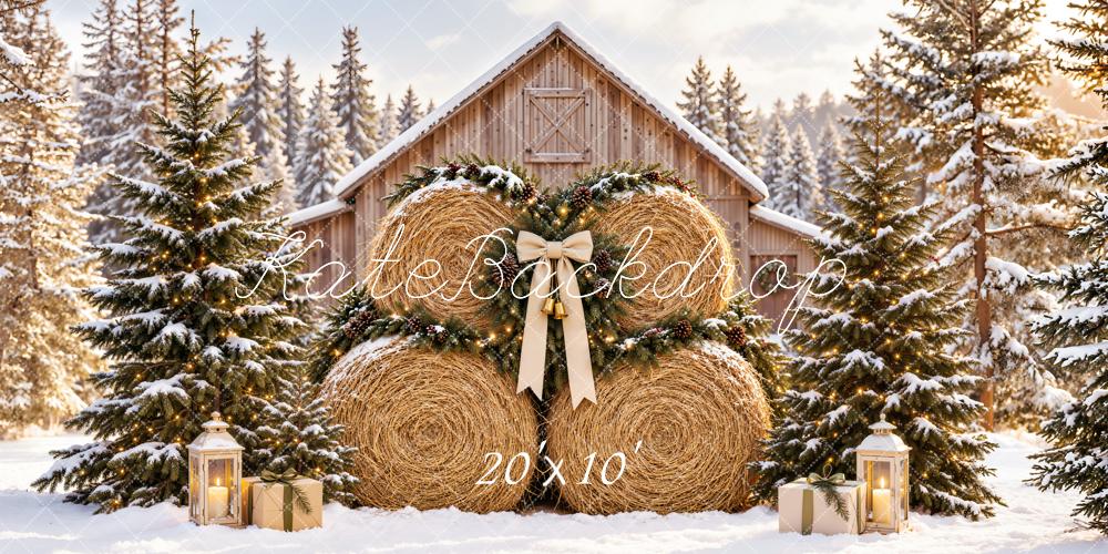 Kate Christmas Hay Bales Snowy Barn Pine Trees Bow Printed Backdrop Designed by Emetselch