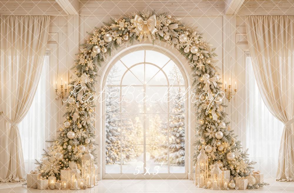 Kate Christmas Flower Arch Cream Window Presents Curtains Printed Backdrop Designed by Emetselch
