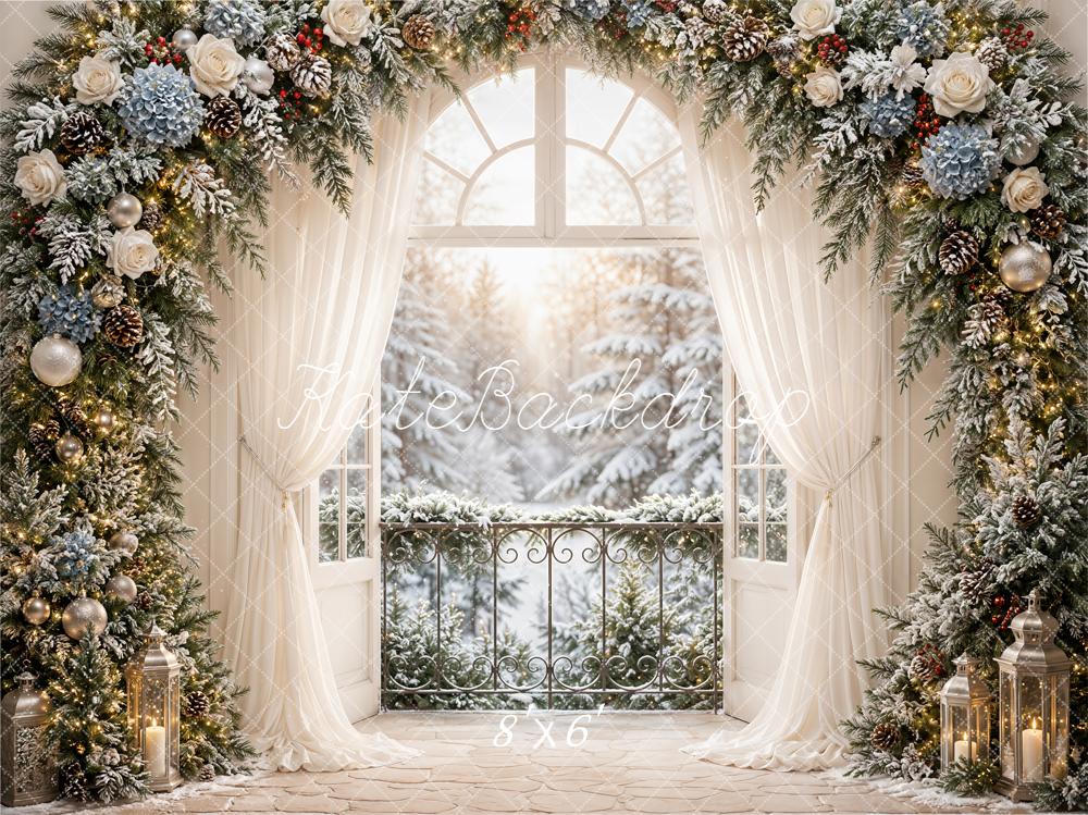 Kate Christmas Snowy Flower Arch Window Printed Backdrop Designed by Emetselch