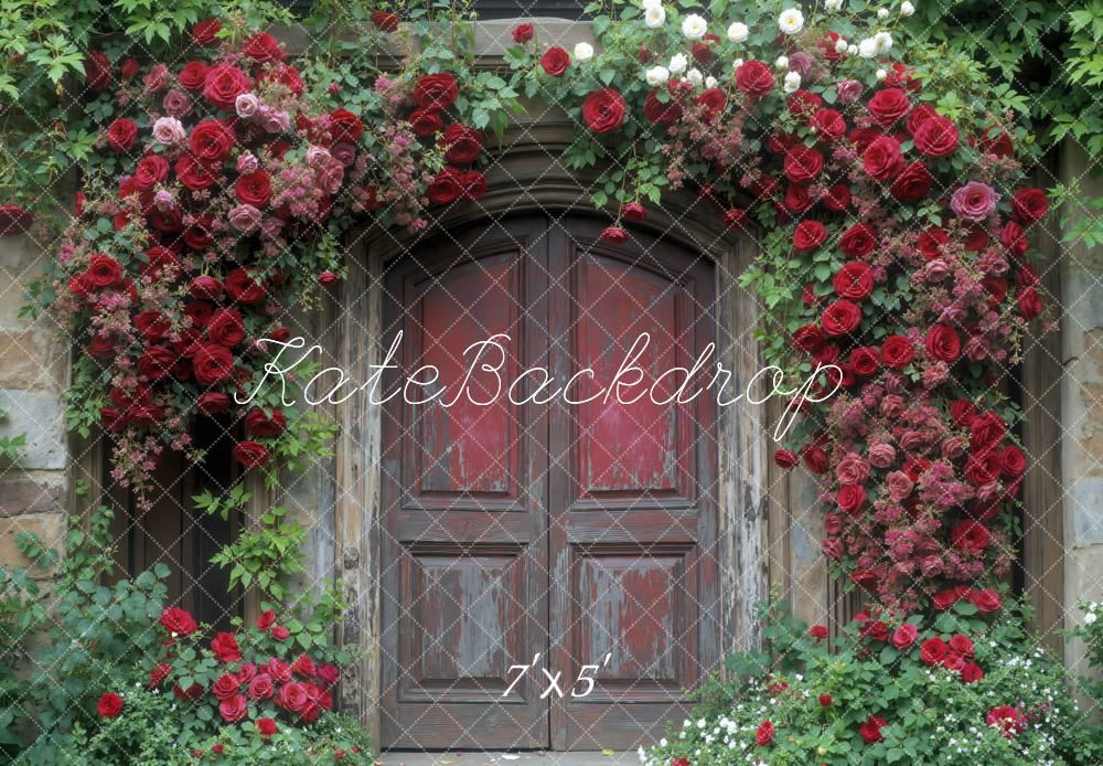 Kate Spring Flower Arch Red Roses Wooden Door Backdrop Designed by Mini MakeBelieve