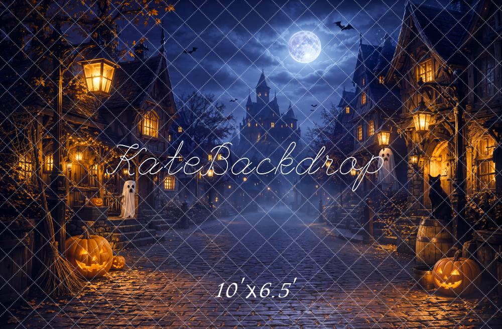 Kate Halloween Night Blue Moonlit Haunted Village Jack-O-Lanterns Printed Backdrop Designed by Chain Photography