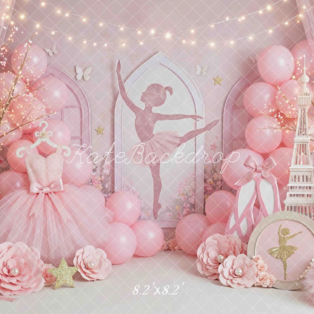 Kate Ballerina Pink Ballet Dress Eiffel Tower Flowers Balloons Printed Backdrop Designed by Mini MakeBelieve