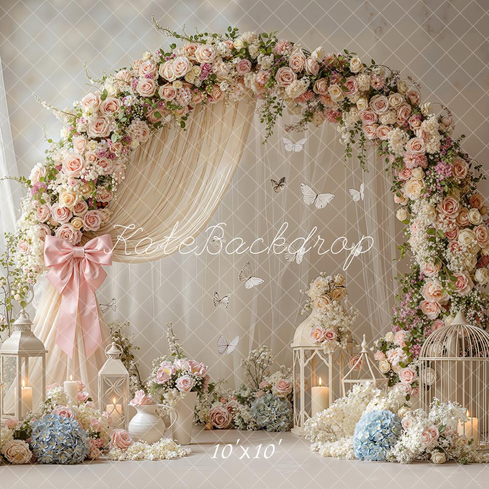 Kate Spring Flower Arch Butterflies Lanterns Birdcage Drapes Printed Backdrop Designed by Emetselch