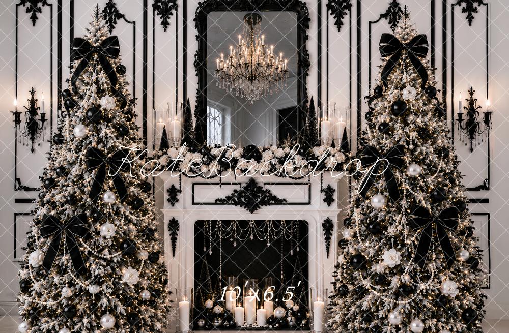Kate Christmas Posh Black White Trees Fireplace Chandelier Printed Backdrop Designed by Ashley Paul