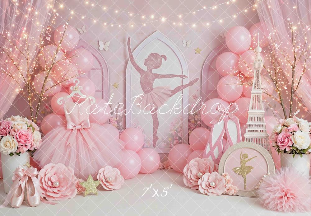 Kate Ballerina Pink Ballet Dress Eiffel Tower Flowers Balloons Printed Backdrop Designed by Mini MakeBelieve