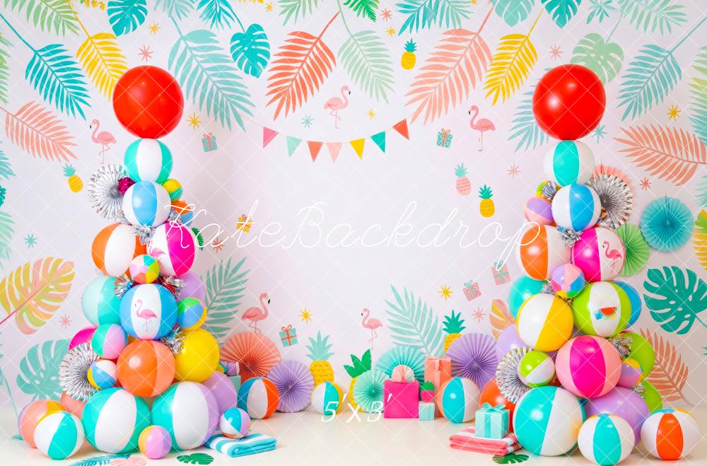 Kate Christmas Summer  Beach Ball Tree Tropical Flamingo Printed Backdrop Designed by Patty Roberts