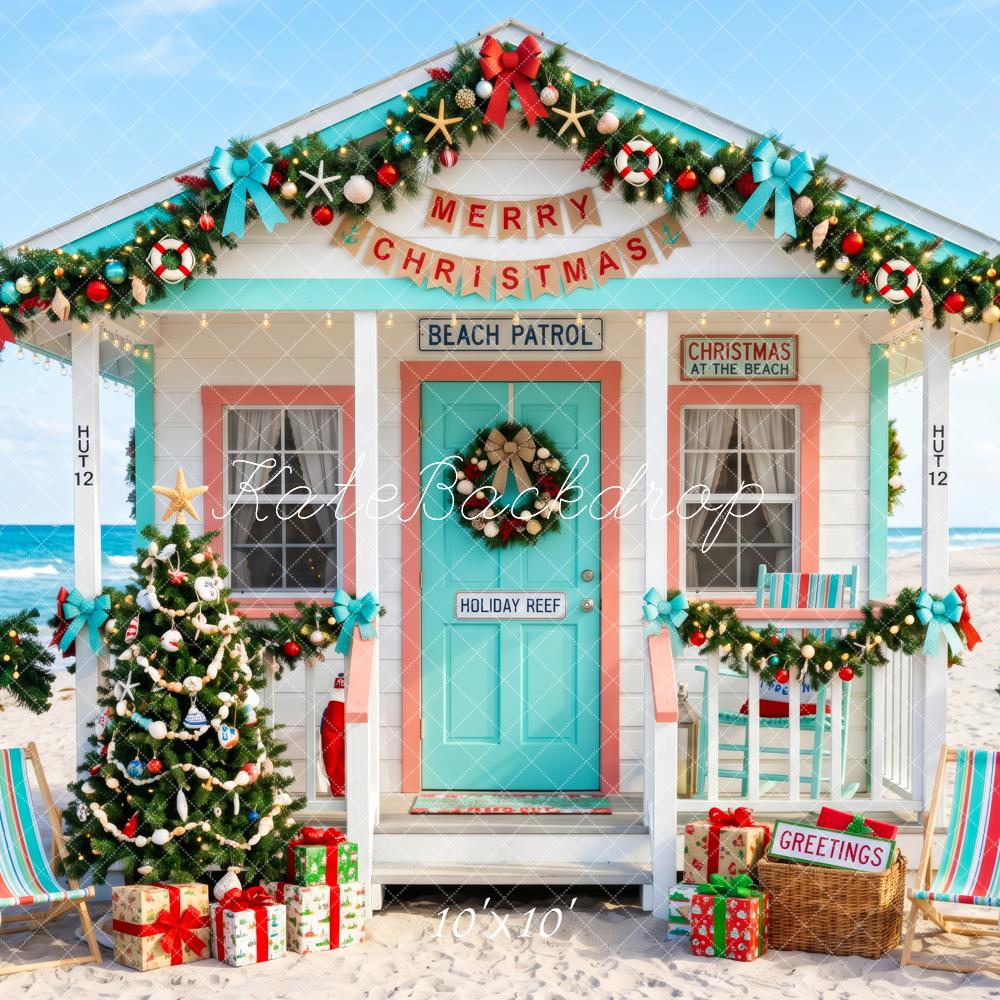 Kate Christmas Tree Coastal Beach Hut Blue Printed Backdrop Designed by Patty Roberts