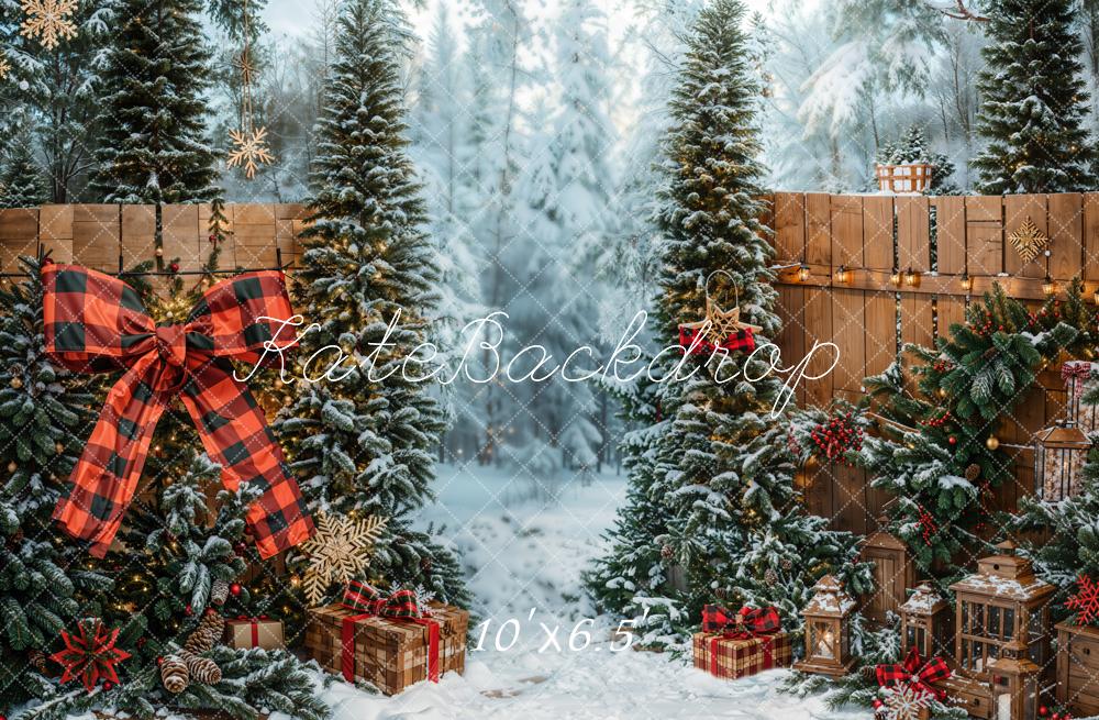 Kerstboom Sneeuwachtig Bos Strik Cadeaus Foto Achtergrond Designed by Emetselch